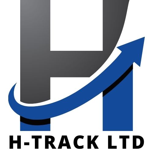 Two tone Capitalised letter H with top half in grey and botton in blue with blue tick from left to right above H-Track Ltd block letters in black.