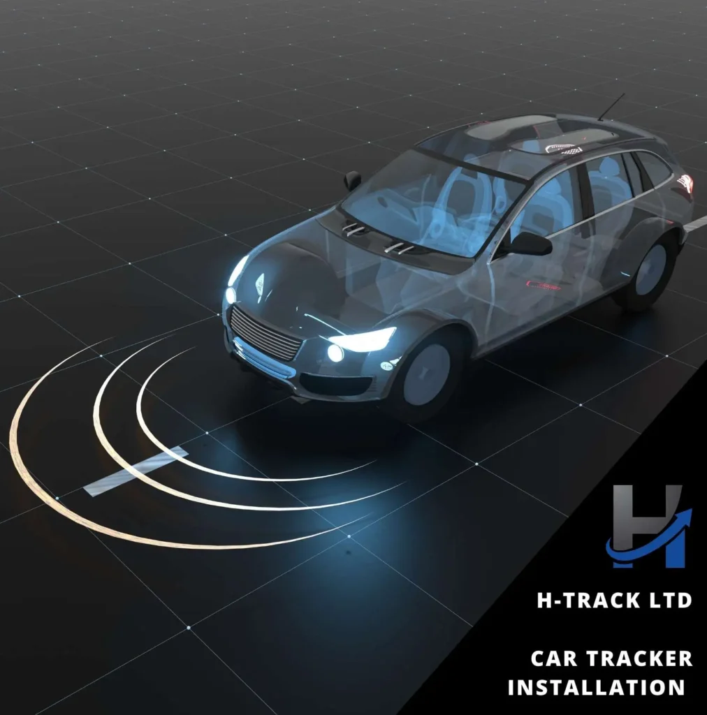 Futuristic car with illustrative radar beams indicating an Car Tracker Installation by H-Track Ltd