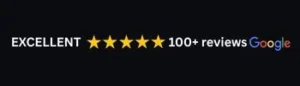 5 gold stars and excellent trust rating with Google multicoloured text and 100+ reviews on black background