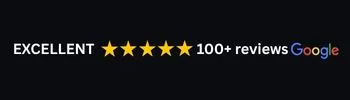 5 gold stars and excellent trust rating with Google multicoloured text and 100+ reviews on black background