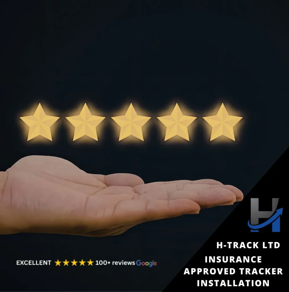 A row of 5 gold stars over an outstretched palm on black background indicating the excellent of Insurance Approved Tracker Installation by H-Track Ltd