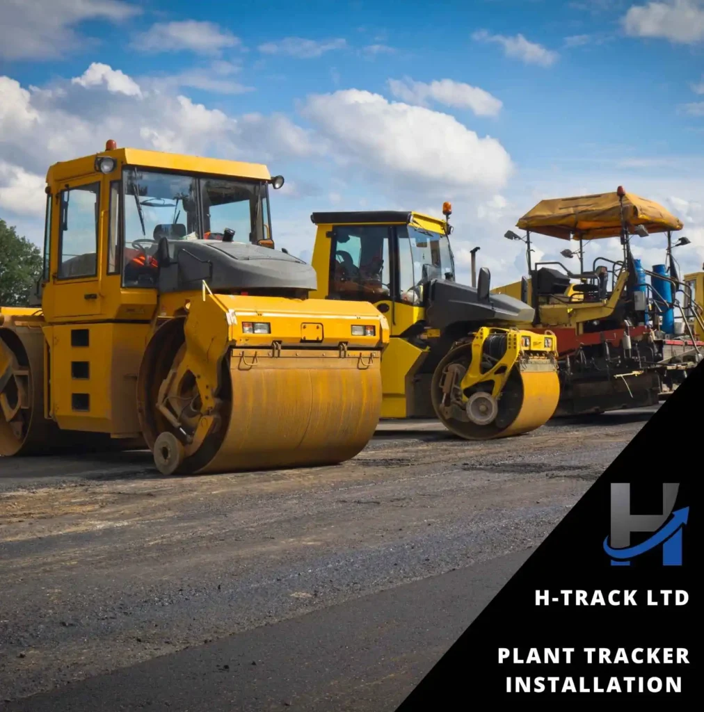 3 yellow construction vehicles on a road with blue skies and each having plant Tracker Installation by H-Track Ltd