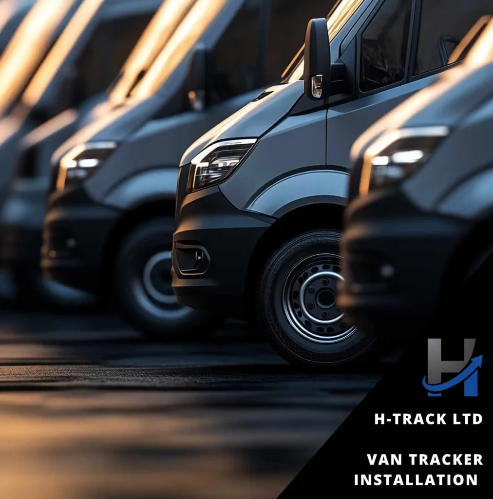 A row of silver vans parked on a wet ground each having a van Tracker Installation by H-Track Ltd