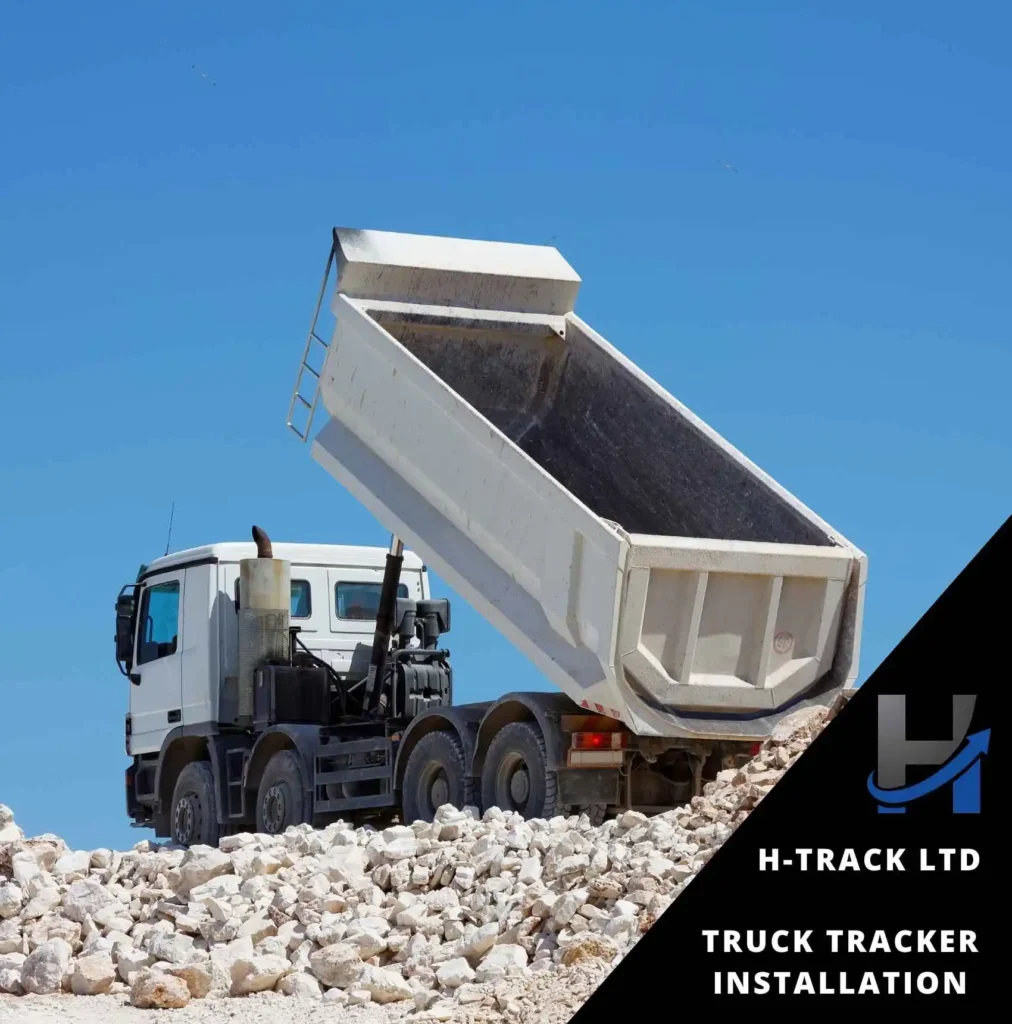Tipper truck with tilted container on rubble ground. Tipper Truck tracker installation by H-Track infographic
