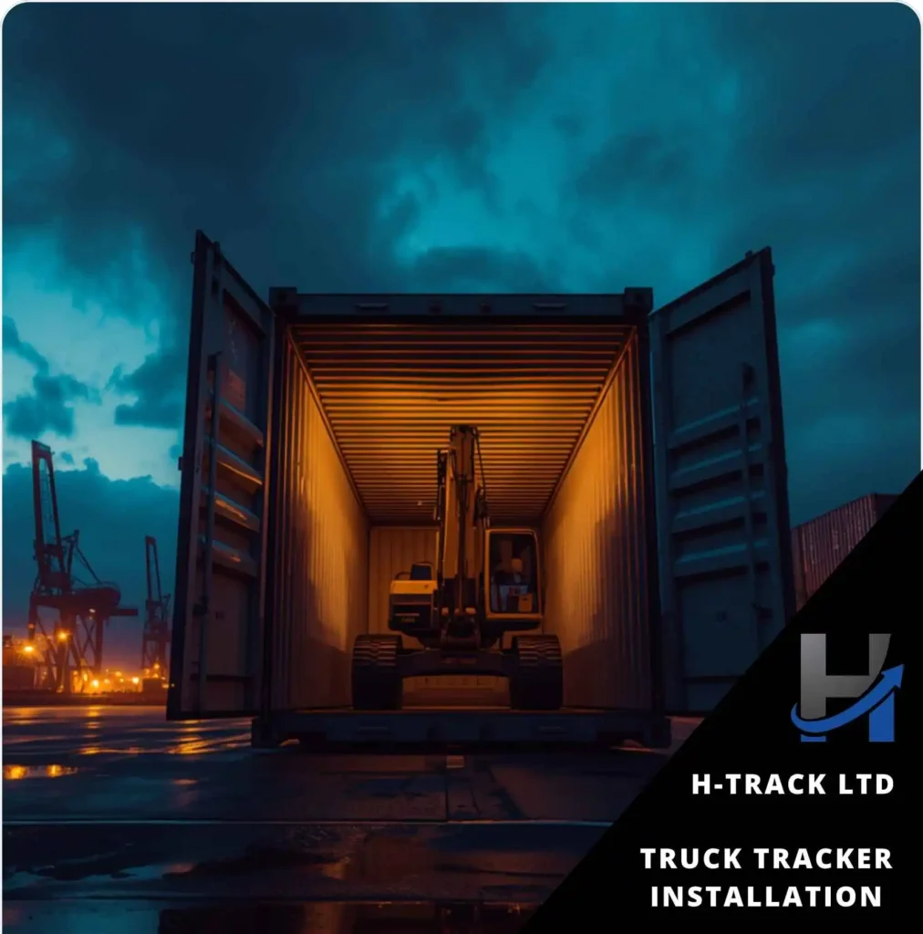 Shipping container with yellow digger inside with Truck tracker installation by H-Track against a twilight sky