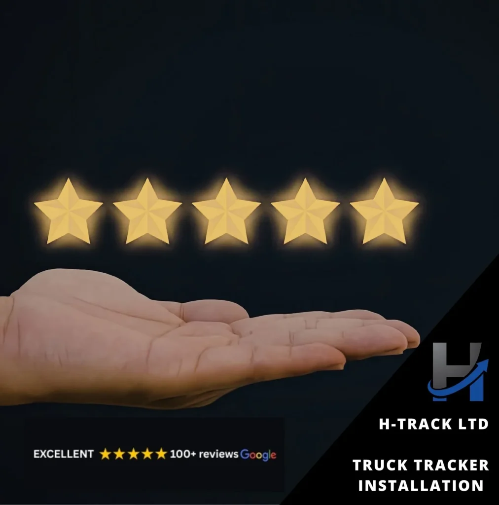 A row of 5 gold stars over an outstretched palm on black background indicating the excellent of Truck Tracker Installation by H-Track Ltd