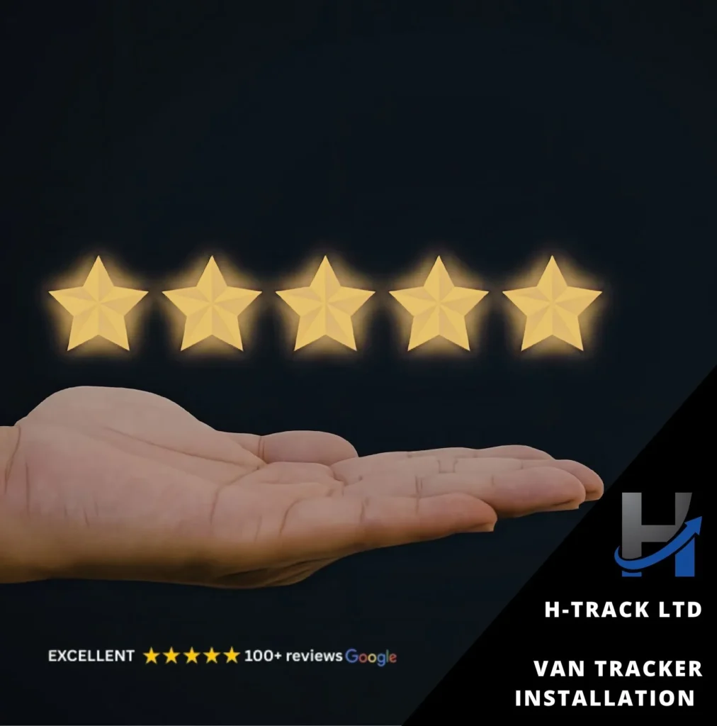 A row of 5 gold stars over an outstretched palm on black background indicating the excellent of Van Tracker Installation by H-Track Ltd