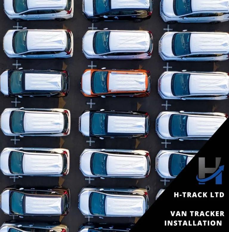 Aerial view of multiple white roof vans parked in a car park in symmetry each with van tracker installation by H-Track Ltd