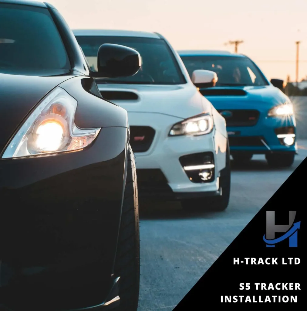 3 sports cars on a road displayed with headlights on and each having S5 Tracker Installation by H-Track Ltd