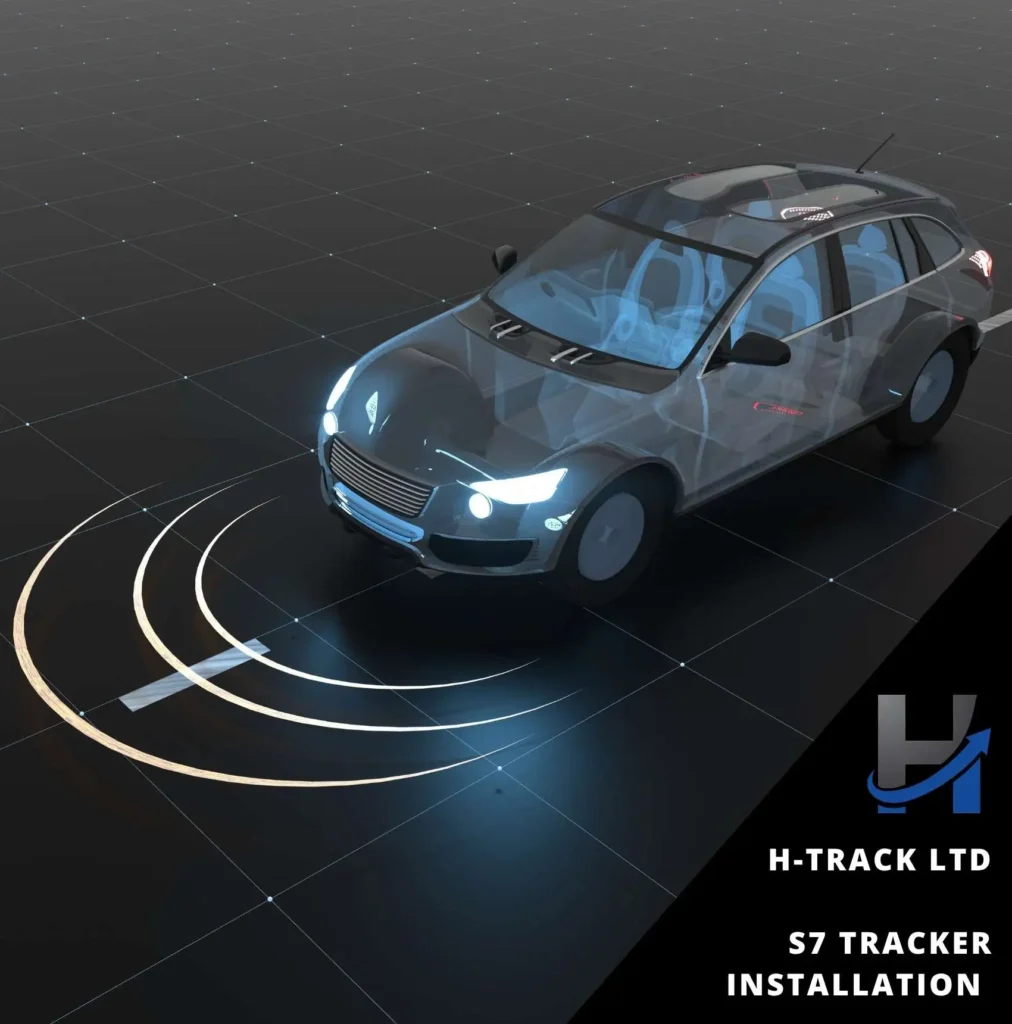 Futuristic car with illustrative radar beams indicating an S7 Tracker Installation by H-Track Ltd
