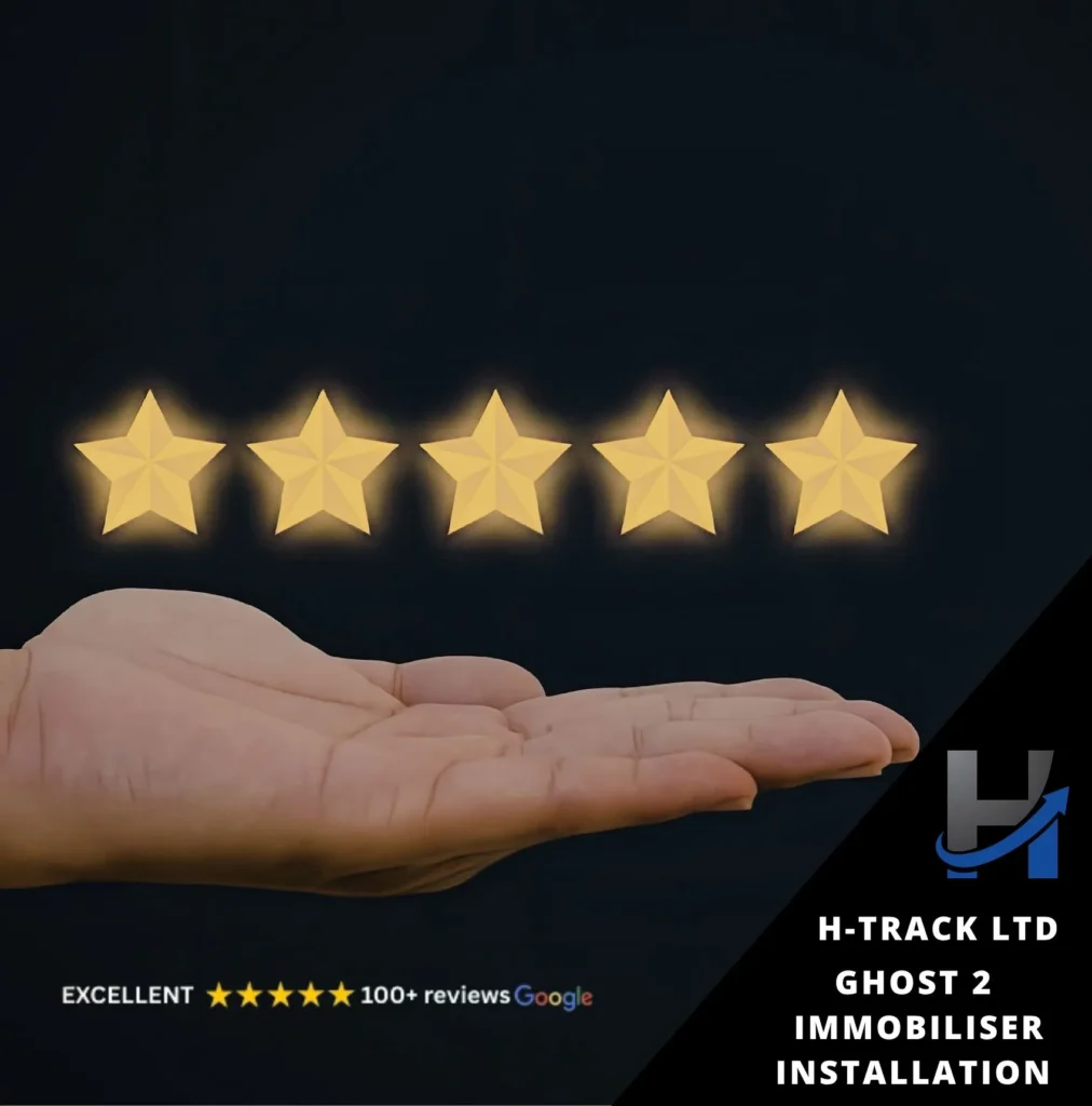 A row of 5 gold stars over an outstretched palm on black background indicating the excellence of Ghost 2 Immobiliser Installation by H-Track Ltd