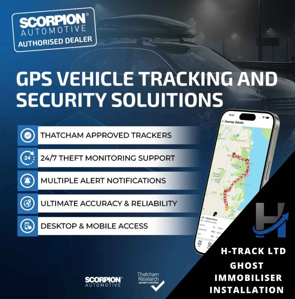 Scorpion Tracking solutions for H-Track Ghost immobiliser installation with a map displayed on a mobile phone