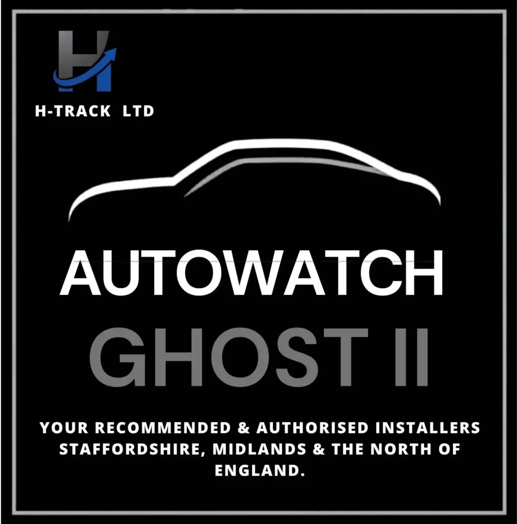 Ghost 2 Immobiliser illustration on a black background with white sports car silhouette with H-Track Ltd