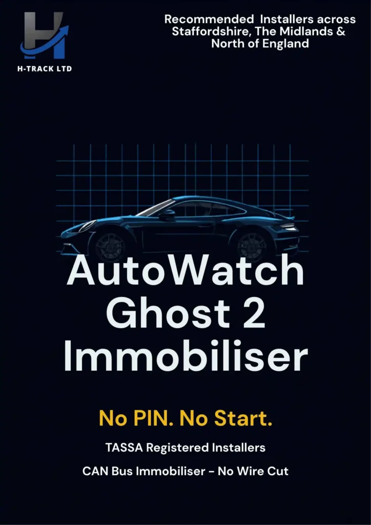 Ghost 2 Immobiliser illustration on a black background with blue sports car in front of blue grid with H-Track Ltd