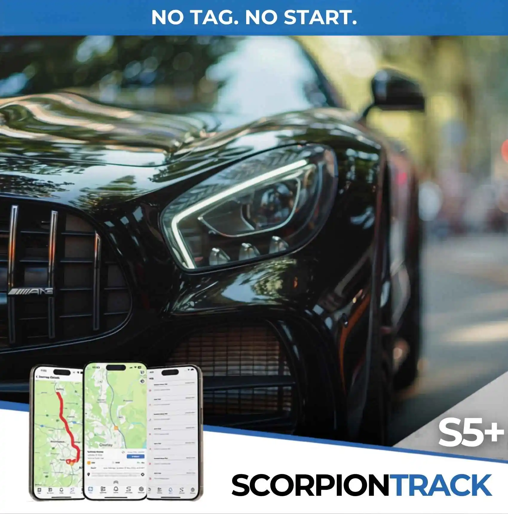Sleek Black Sports car fitted with a H-Track Thatcham Approved Tracker on a road. 3 images of a mobile phone showing remote tracking on a map using a Scorpion s5+ tracker