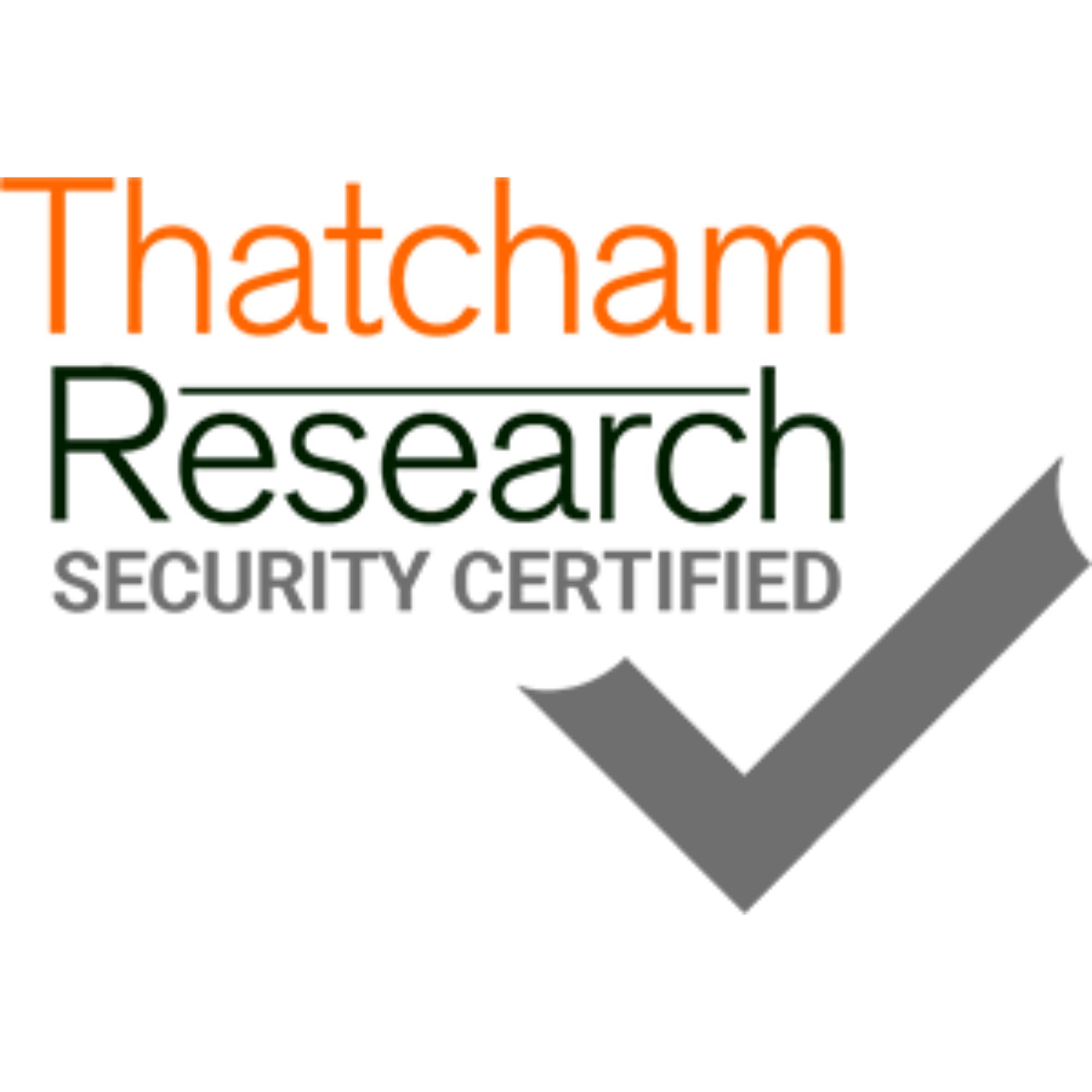 Thatcham Research text on a white background and a grey tick