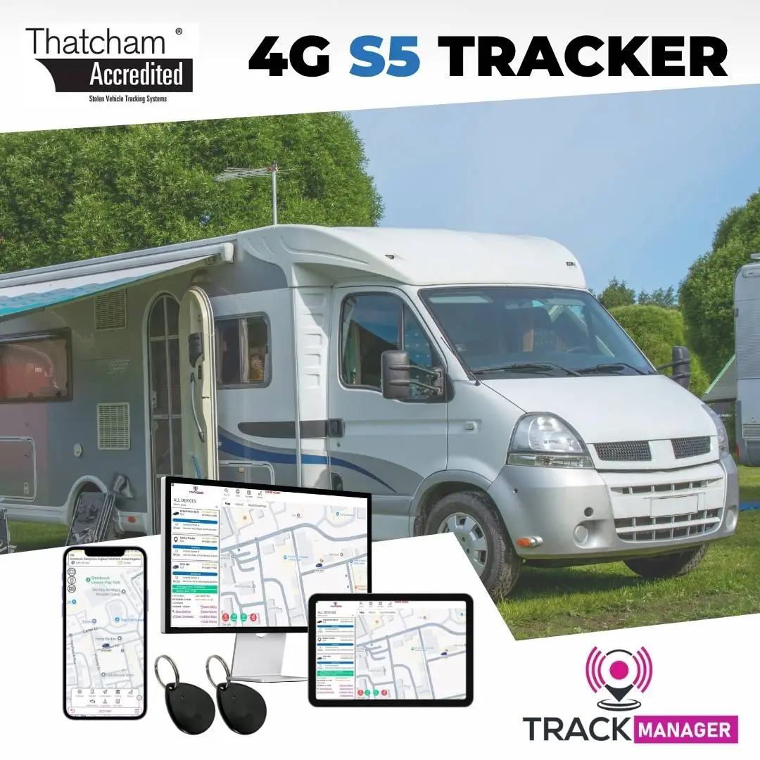 White Motorhome parked in front of green trees highlighting Thatcham Approved S5 Tracker and immobiliser bundle by H-Track Ltd