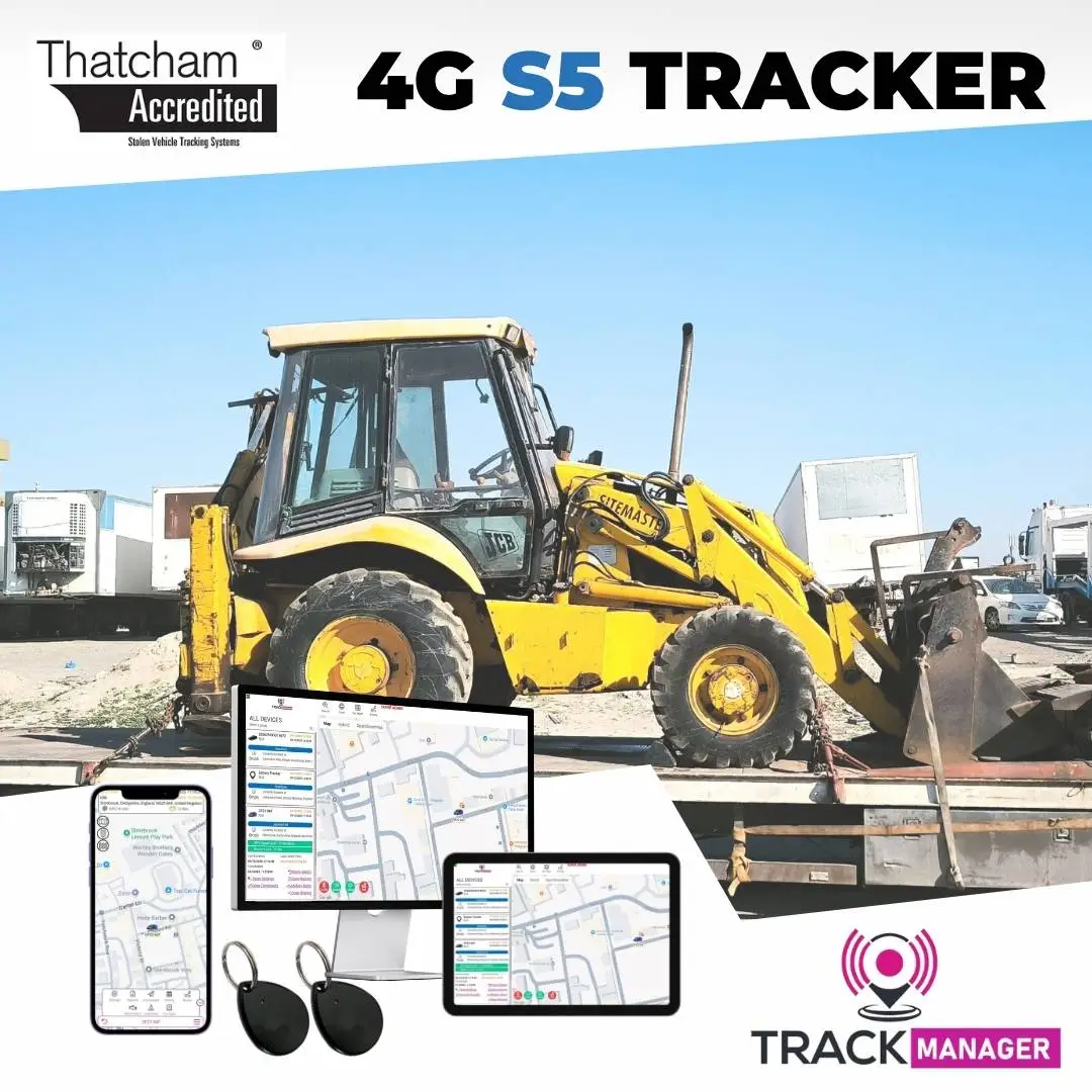 Yellow digger on trailer highlighting Thatcham Approved S5 Tracker and immobiliser bundle by H-Track Ltd