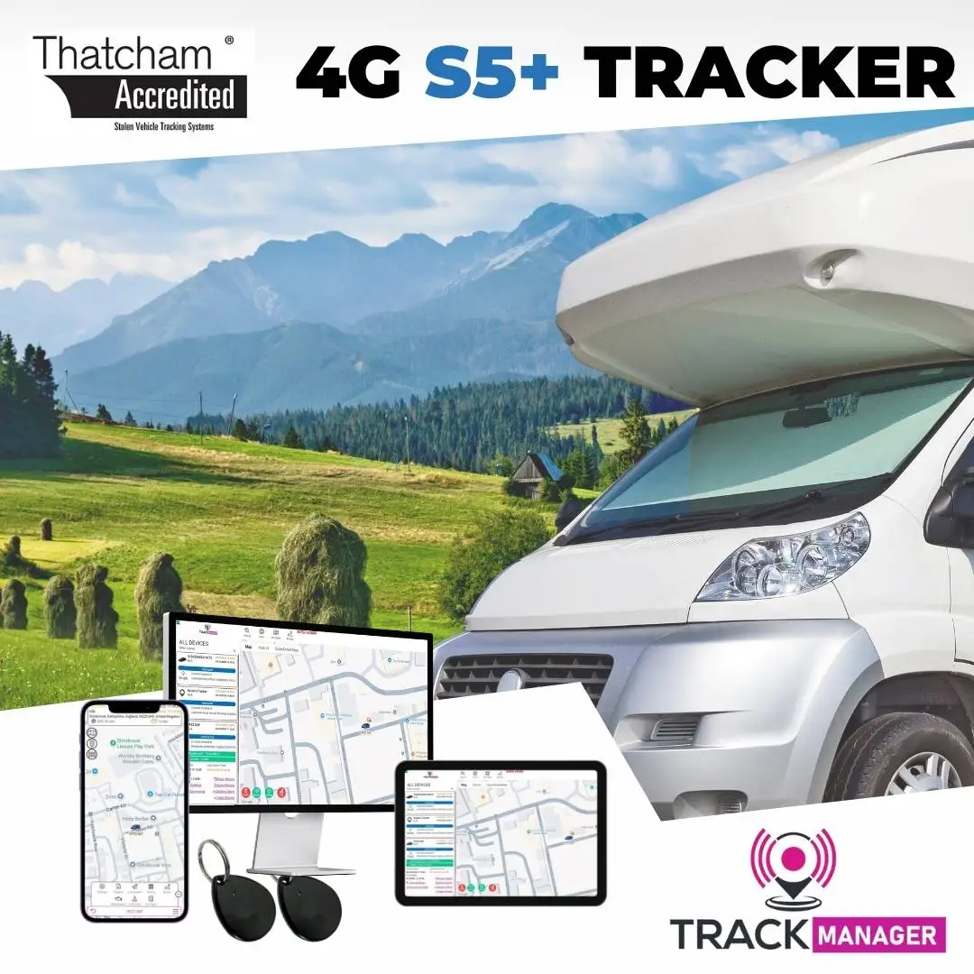 White Motorhome on green valley landscape highlighting Thatcham Approved S5 Plus Tracker and immobiliser bundle by H-Track Ltd