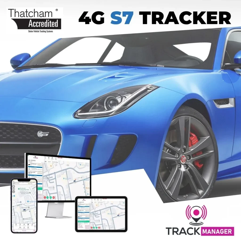 Blue sports car on White background highlighting Thatcham Approved S7 Tracker and immobiliser bundle by H-Track Ltd
