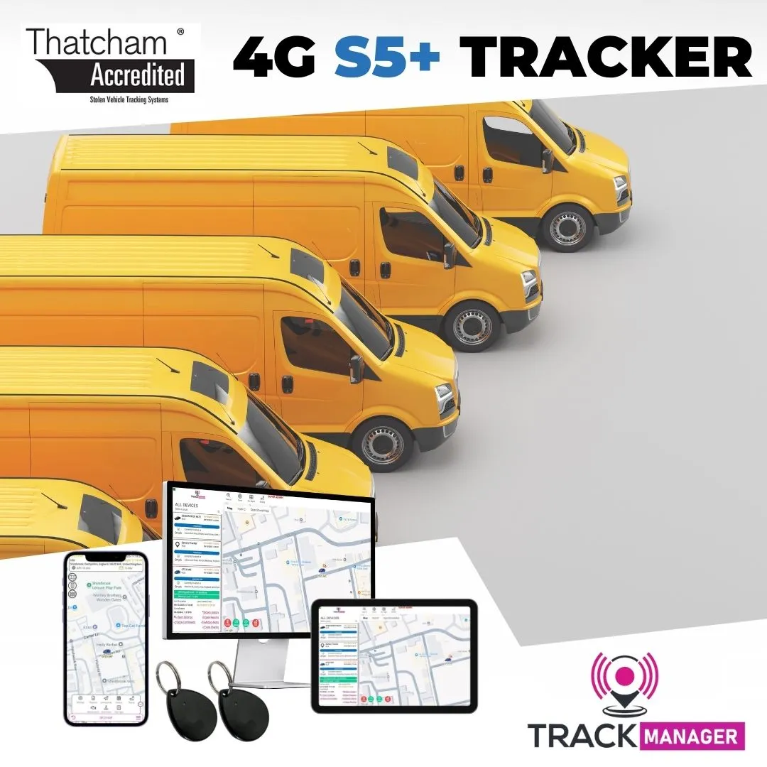 Five Yellow Vans on grey background highlighting Thatcham Approved S5 plus Tracker and immobiliser bundle by H-Track Ltd