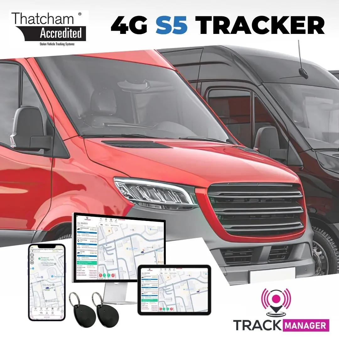 Red and Black van parked adjacent on grey background highlighting Thatcham Approved S5 Tracker and immobiliser bundle by H-Track Ltd